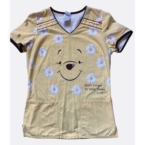 Disney Winnie The Pooh Yellow Scrub Top Floral Print Womens Size S